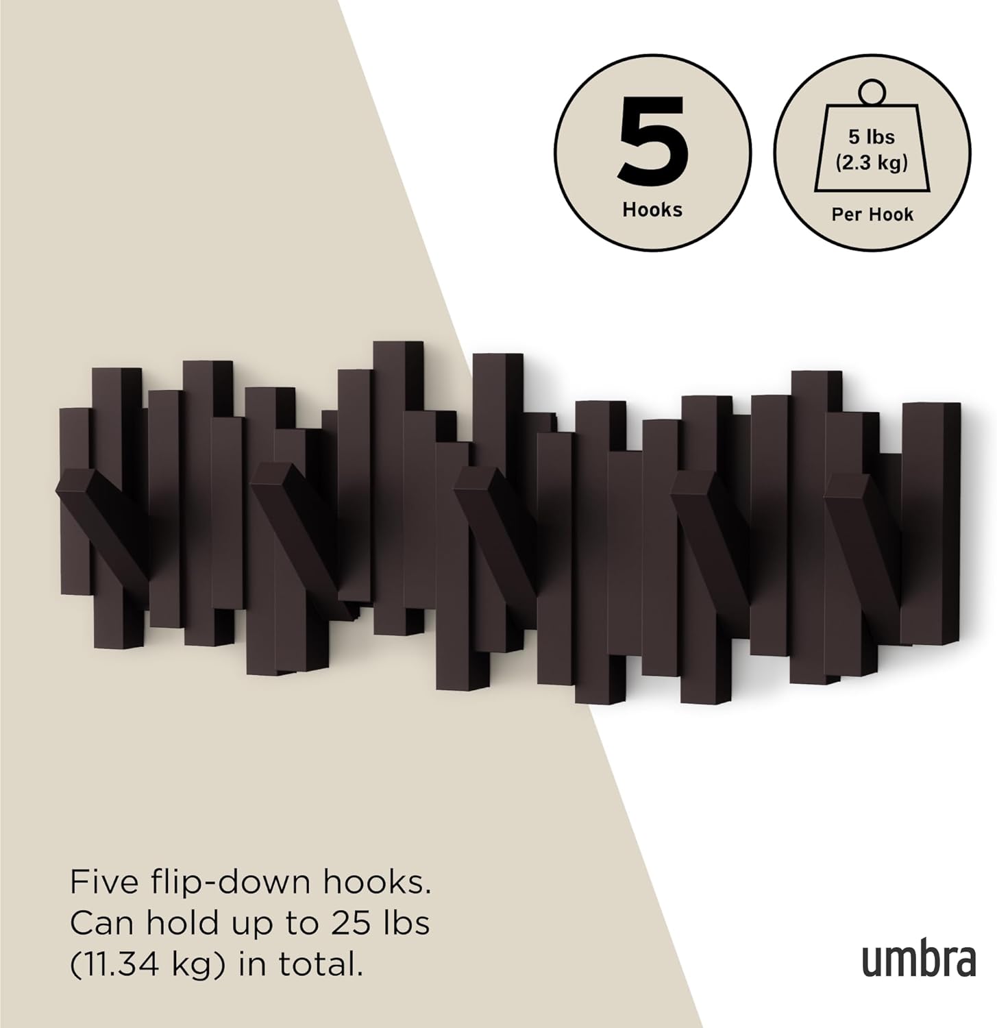 Detalle de Umbra Sticks Attaccapanni da Parete con 5 Ganci Ribaltabili, Espresso Marrone (49,5 x 3 x 18 cm, 907,18 g)
