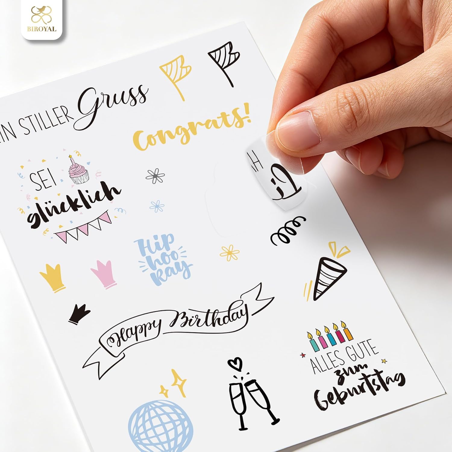 Detalle de BIROYAL 9 Blätter Sticker Geburtstag Set – Über 130 Sticker für Gästebuch, Fotoalbum und Karten