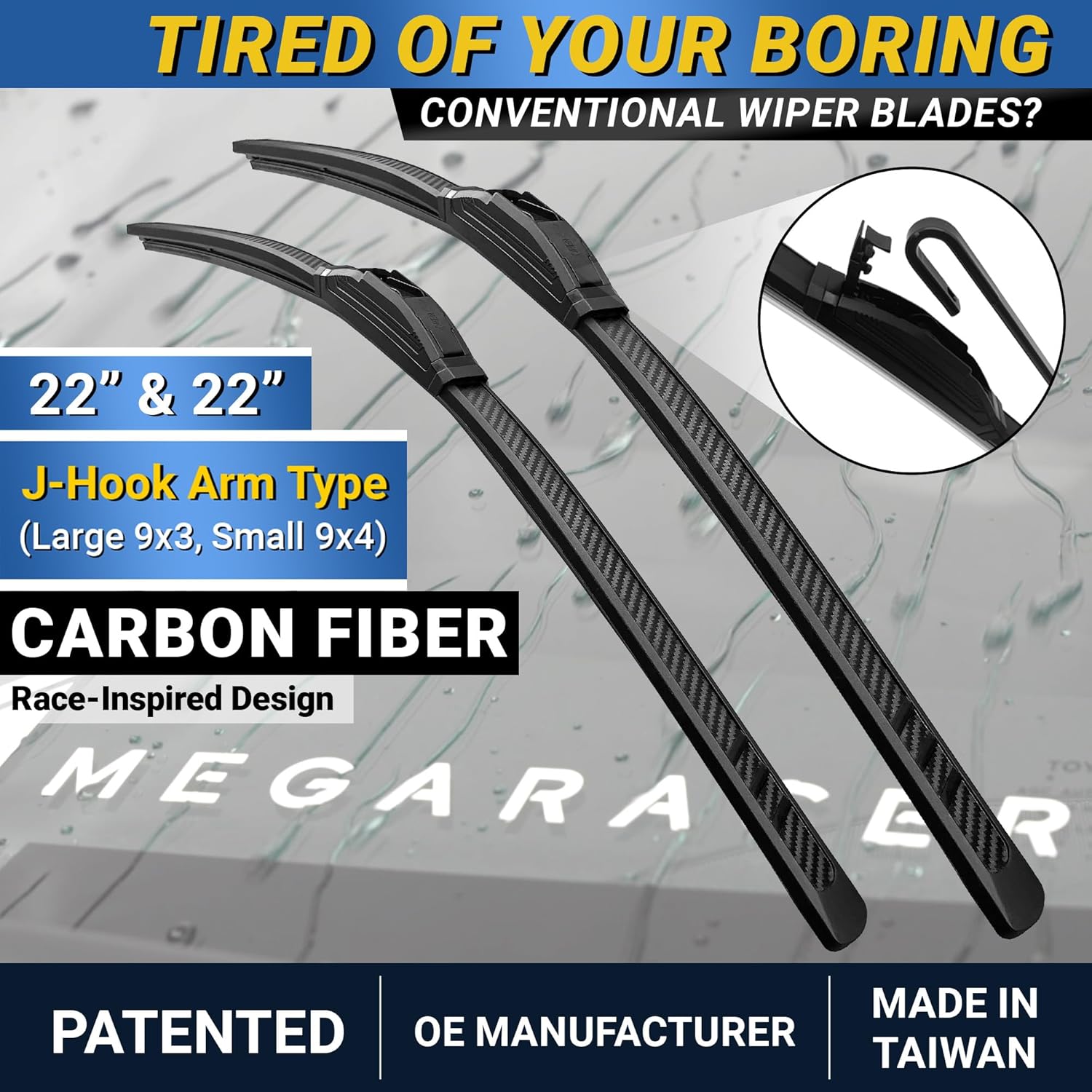 Thumbnail 1 de Premium Silicone Carbon Fiber Windshield Wiper Blades (22" & 22") with J-Hook, Patented All-Season Hybrid Twin-Beam, 2-Pack