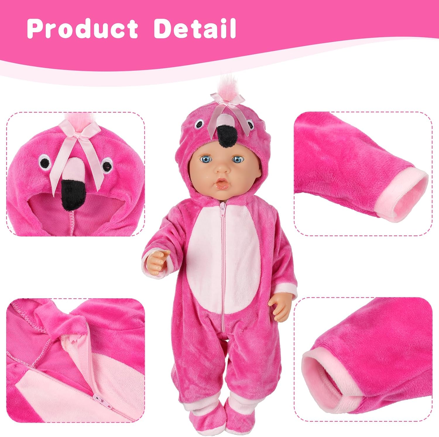 Thumbnail 2 de Set abiti per bambole Aolso 35–45 cm: pagliaccetto con cappello, calzini e gruccia (fenicottero rosa) – bambola esclusa