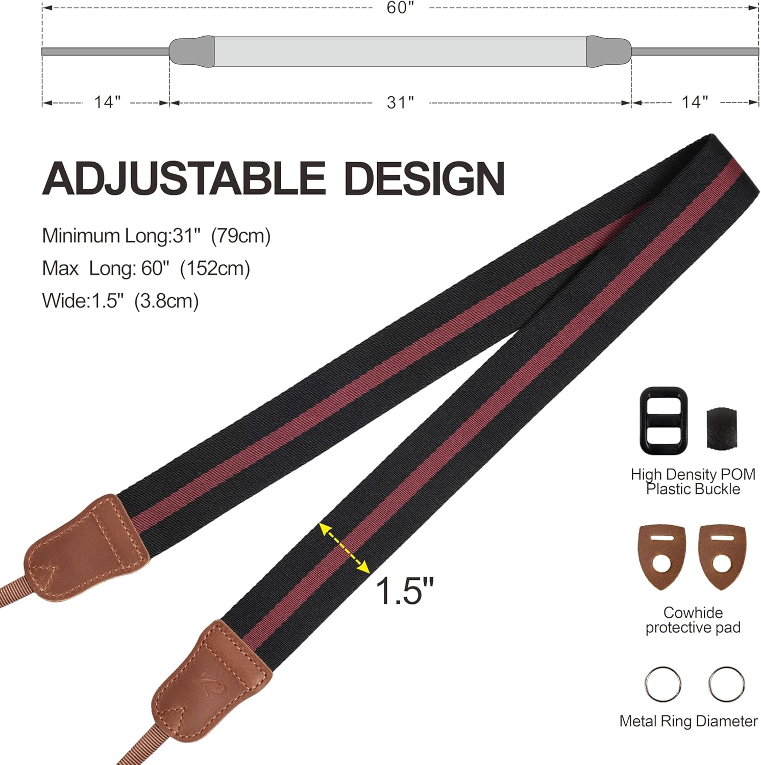 Thumbnail 6 de Padwa Lifestyle Stripes Red Black Camera Strap – Double Layer Crazy Horse Cowhide Ends