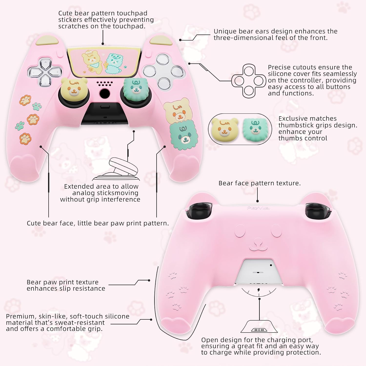 Detalle de playvital Cute Bear Controller Silicone Case for ps5, Kawaii Controller Cover Compatible with Charging Station, Gamepad Skin Protector for ps5 with Touch Pad Sticker & Thumb Grips - Pink & Yellow
playvital Cute Bear Controller Silicone Case fo…