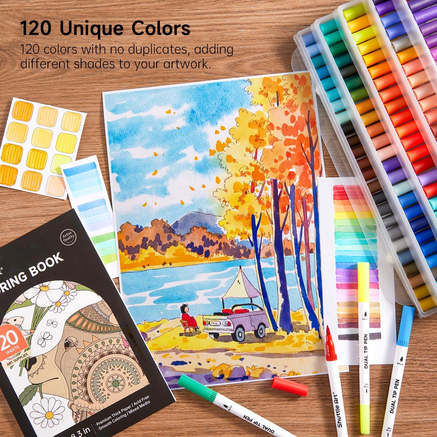 Detalle de Shuttle Art Dual Tip Brush Pens Set (120 colours) with colouring book