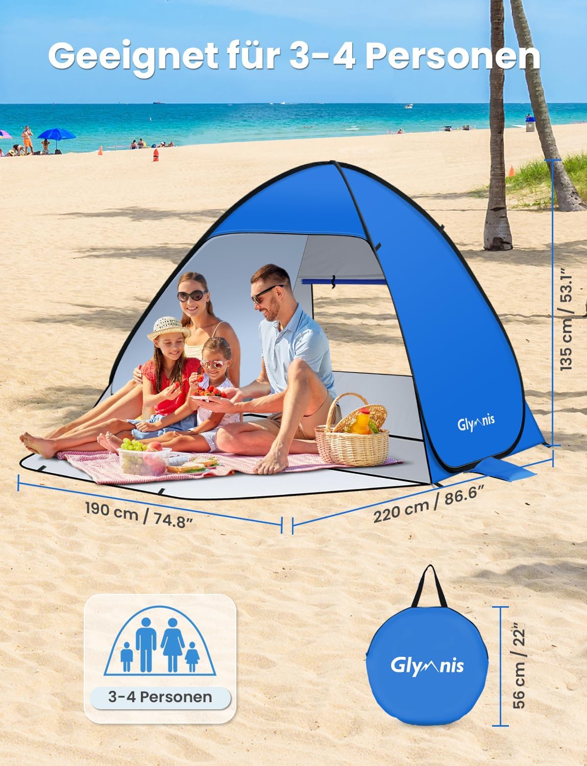 Thumbnail 2 de Glymnis Strandmuschel Pop Up Strandzelt – UV-Schutz 50+ und Windschutz, Blau, 185×140×115 cm