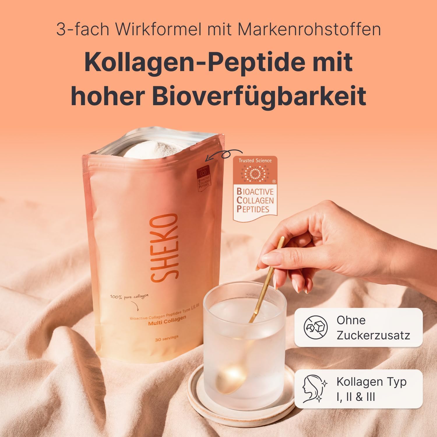 Detalle de SHEKO Kollagen Pulver 450g – Hochdosiertes Hydrolysat aus Typ 1, 2 und 3