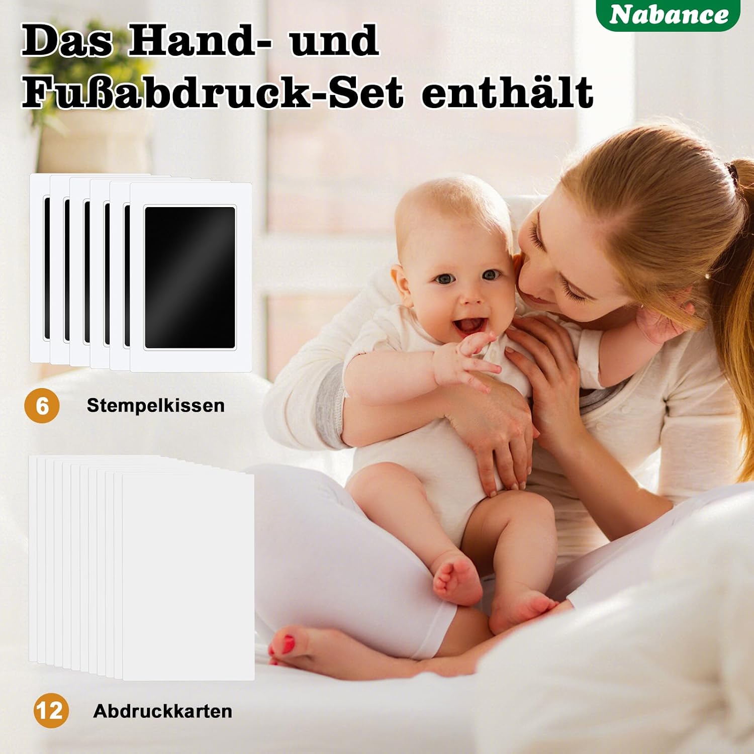 Thumbnail 2 de Nabance Baby-Fußabdruck-Set mit 6 Stempelkissen & 12 Abdruckkarten (0–6 Monate) – Hand- und Pfotenabdruck