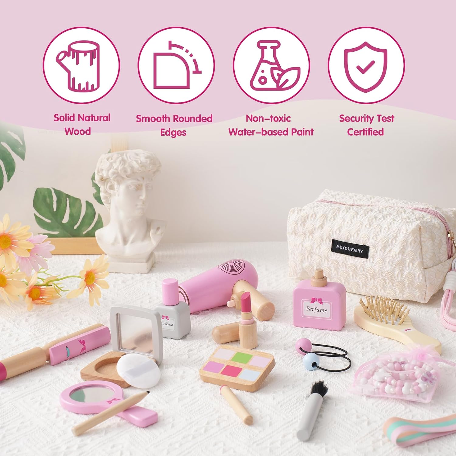 Detalle de Smartwo Wooden Pretend Makeup, Hairdressing and Jewellery Set (19-piece) for Toddler Girls, Ages 3–6
