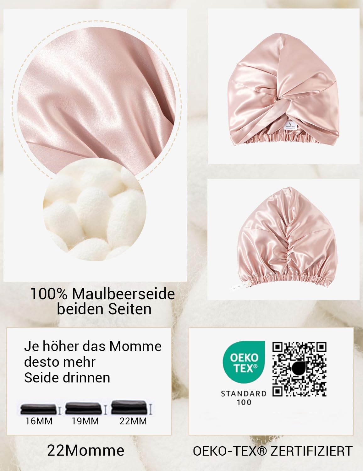 Detalle de LaCourse rutschfeste, verstellbare Seidenhaube (22 Momme, 100% Maulbeerseide, doppellagig) zum Schlafen – Rosa