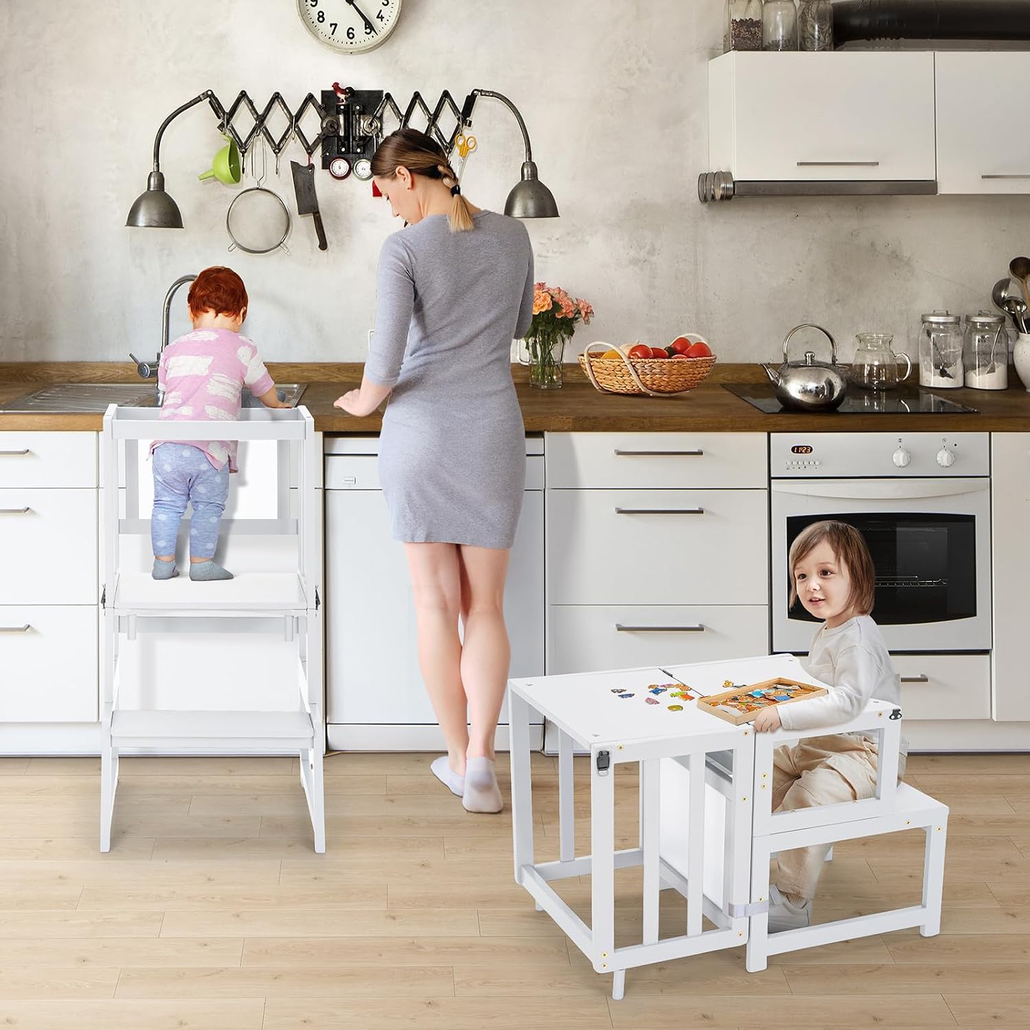 Thumbnail 2 de COSYLAND 3-In-1 Toddler Kitchen Stool Helper (White) — Convertible Standing Tower with Whiteboard