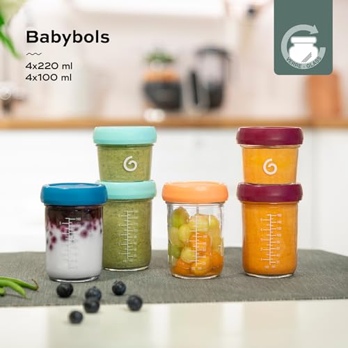 Detalle 2 de Babymoov Babybols: tarros de vidrio para papillas, 4×220 ml + 4×100 ml + libro de recetas