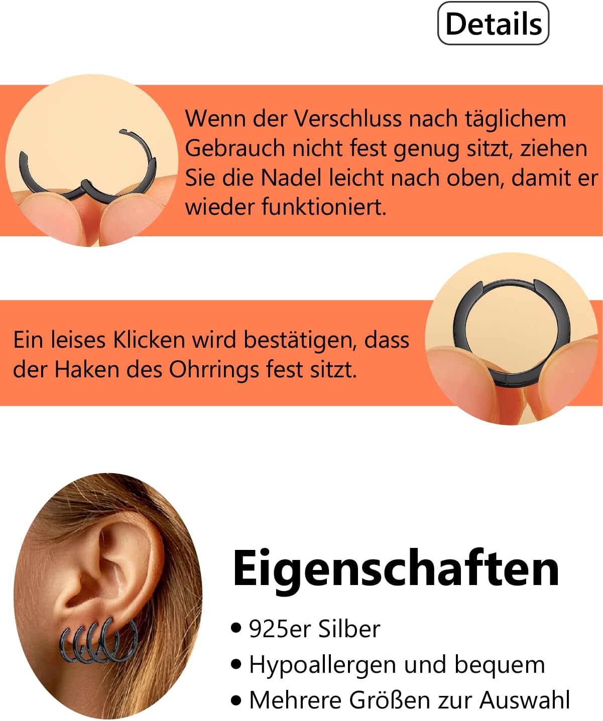 Thumbnail 6 de Silvora Kleine Creolen aus 925 Sterling Silber – Huggie/Hoop in 6–20 mm (Silber/Schwarz/Rosegold)