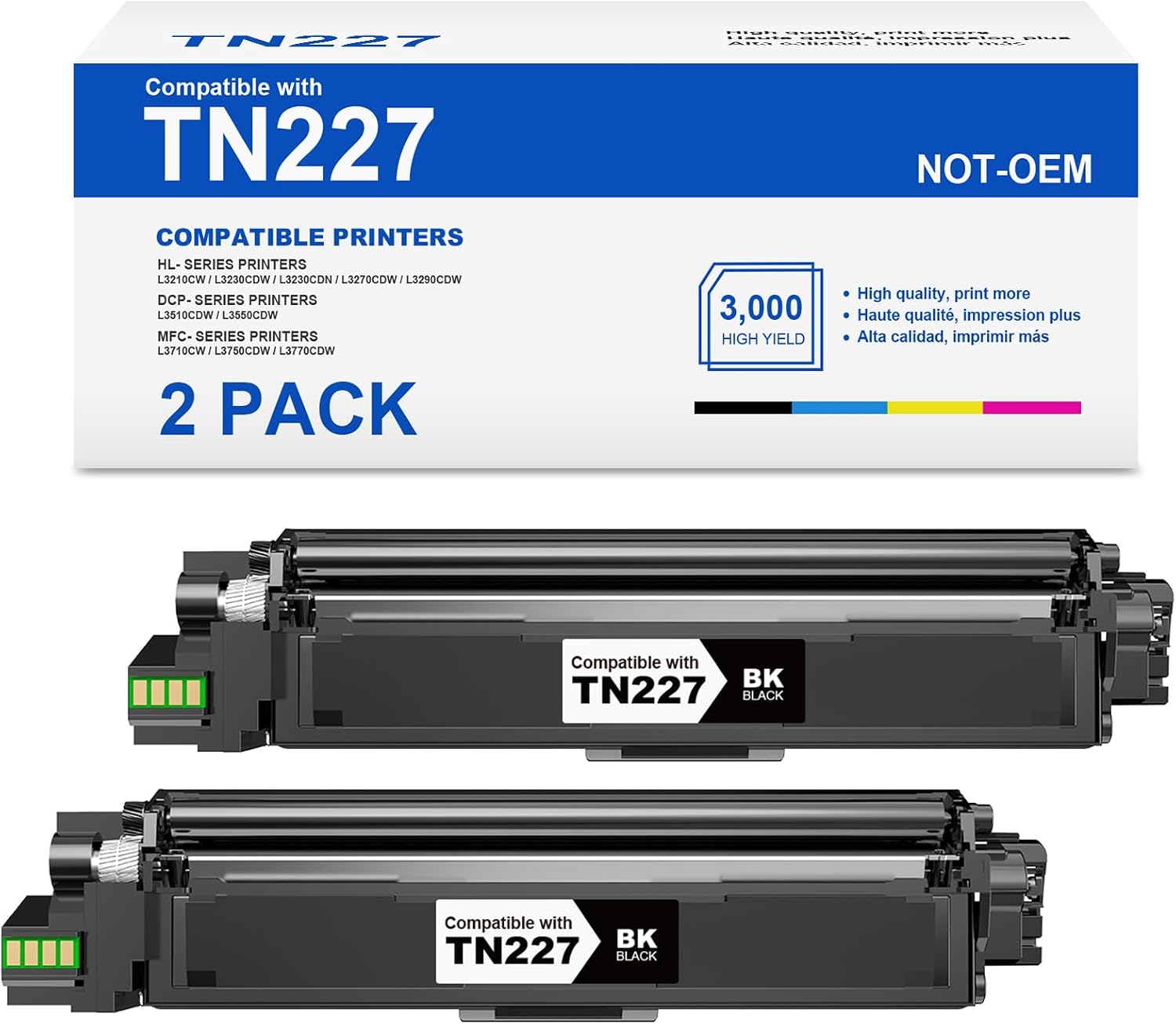 Detalle de Skydo TN227 TN227BK Black Toner Cartridge, 2-Pack with Chip