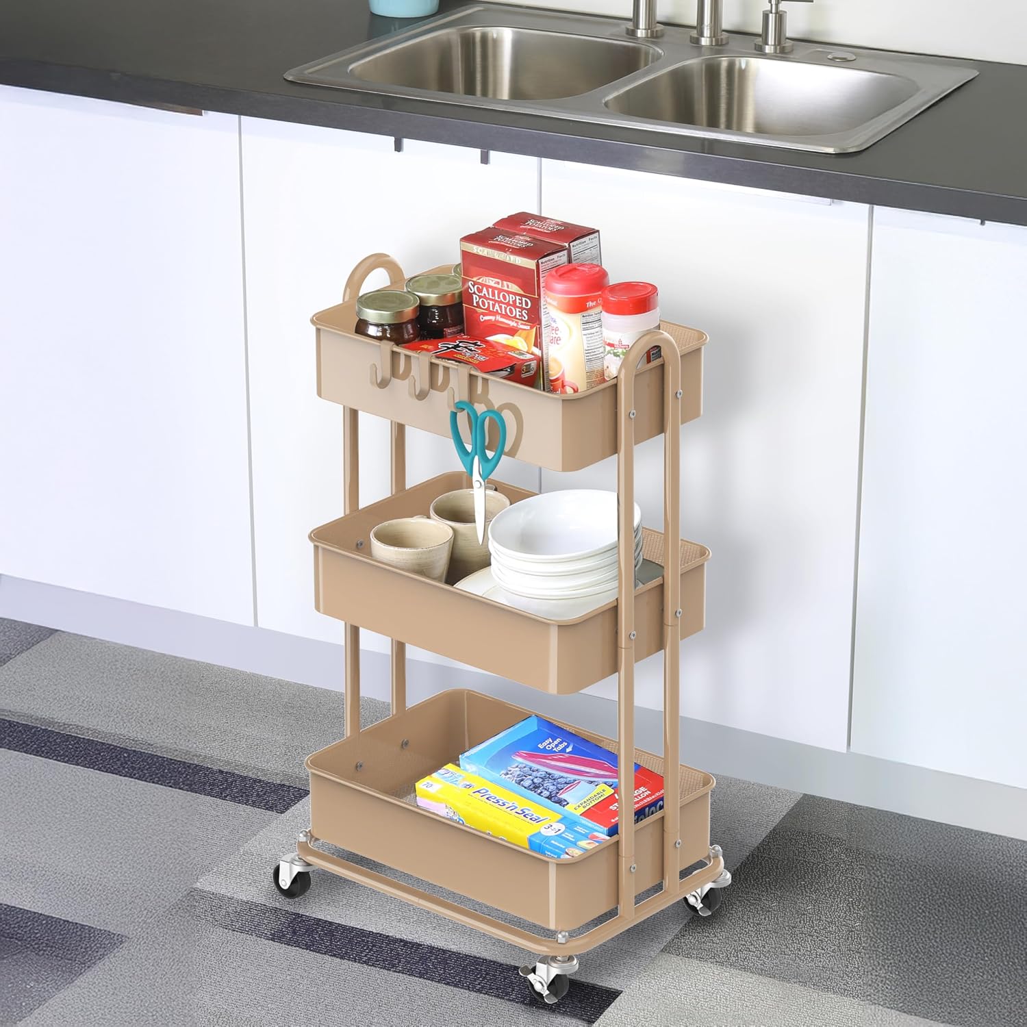 Detalle 1 de Simple Houseware CB-10C-I 3-Tier Metal Rolling Utility Cart, Khaki