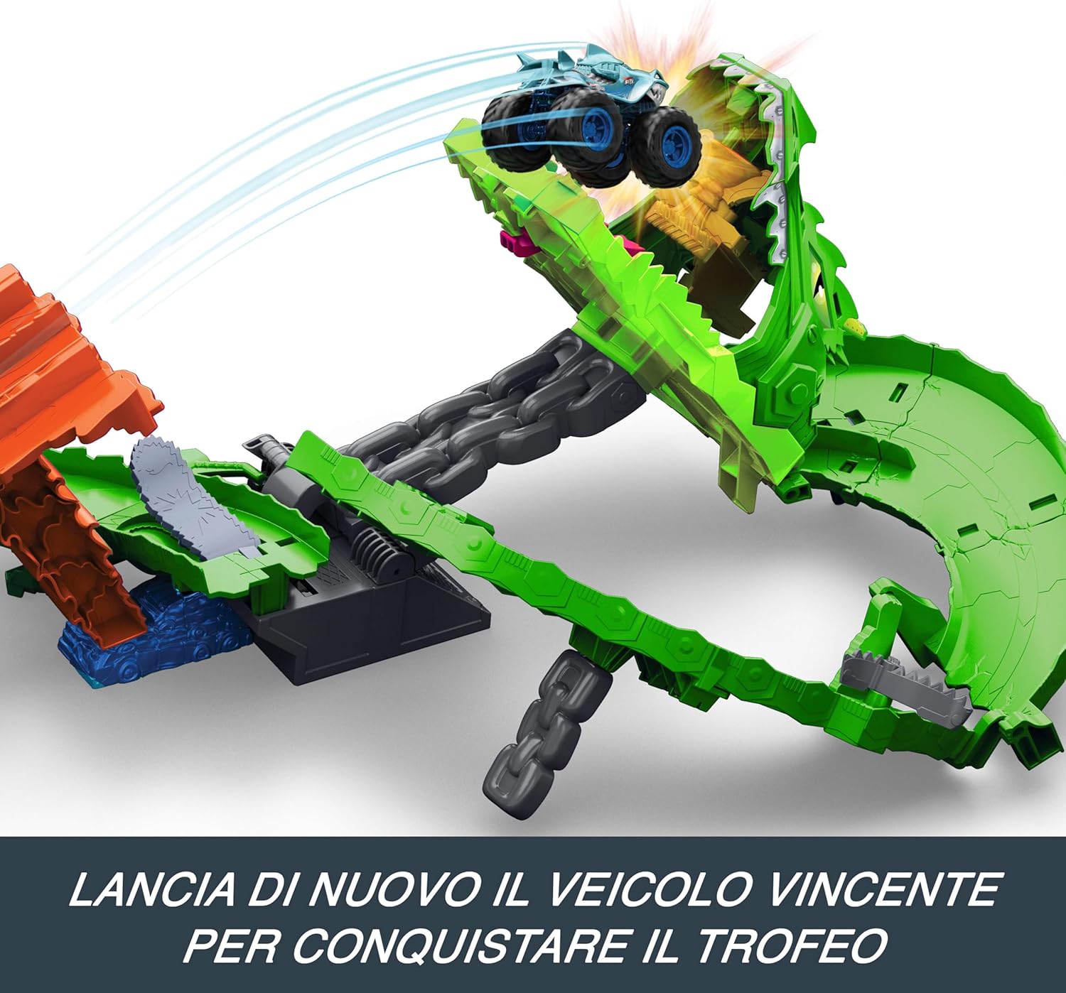 Thumbnail 5 de Hot Wheels Monster Trucks Sharks vs. Dinos Dragon Destruction (Great Bite e Rageasaur) set giocattolo 4+ JGB06