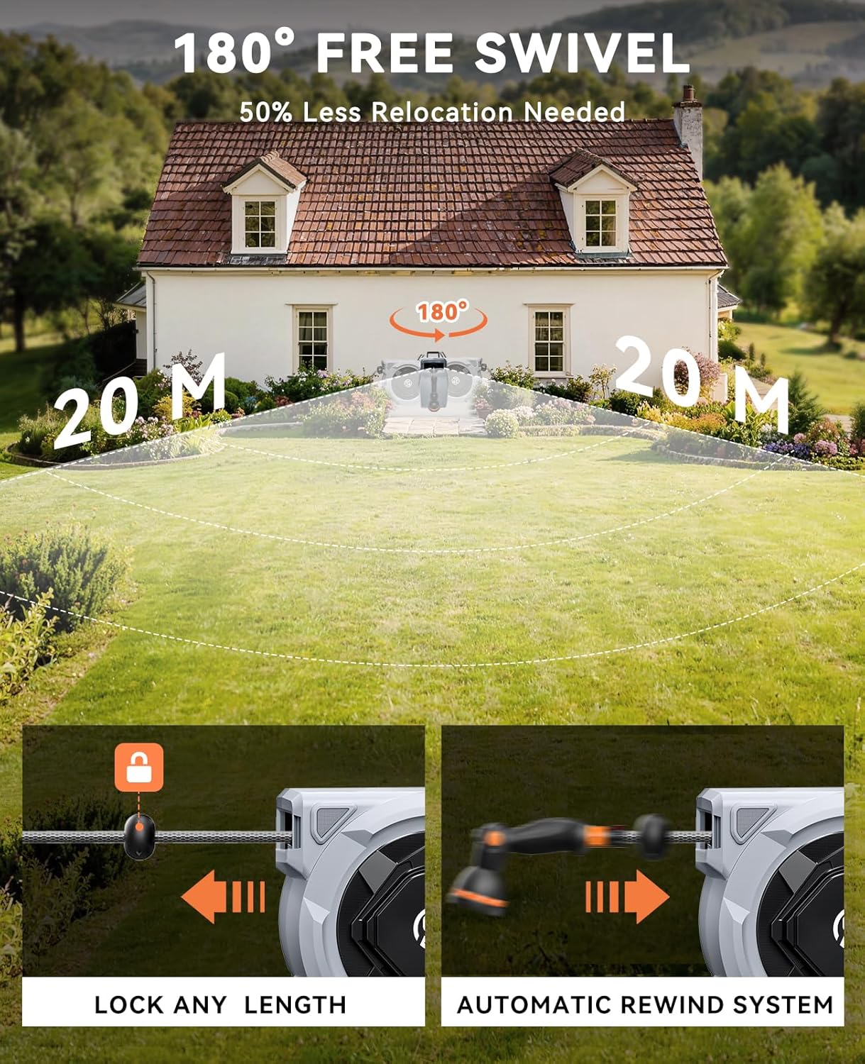 Thumbnail 3 de SUNPOW Retractable Hose Reel (16mm x 20m) with 10-Function Nozzle, Auto Rewind & 180° Swivel Wall Bracket