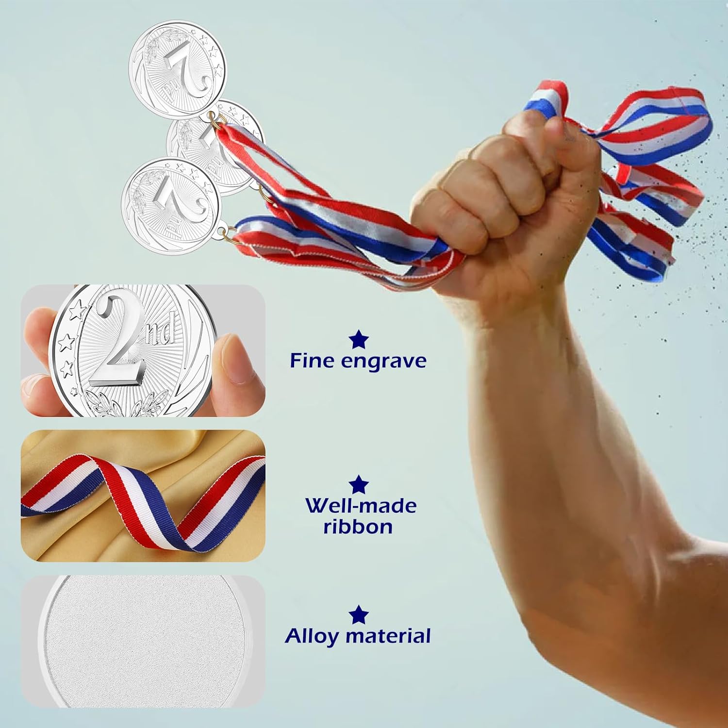 Thumbnail 6 de GeeRic Medaille für Kinder – 12 Stück Silbermedaillen im olympischen Stil, 5 cm, mit farbigen Bändern (Rot-Weiß-Blau)