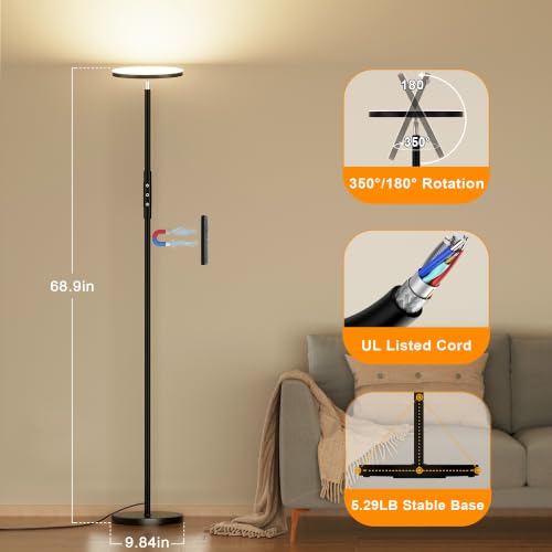 Detalle de Lampadaire sur Pied Yikuneng 3600LM 36W LED avec Télécommande et Contrôle Tactile — Ajustement de couleur 2700K–6500K
