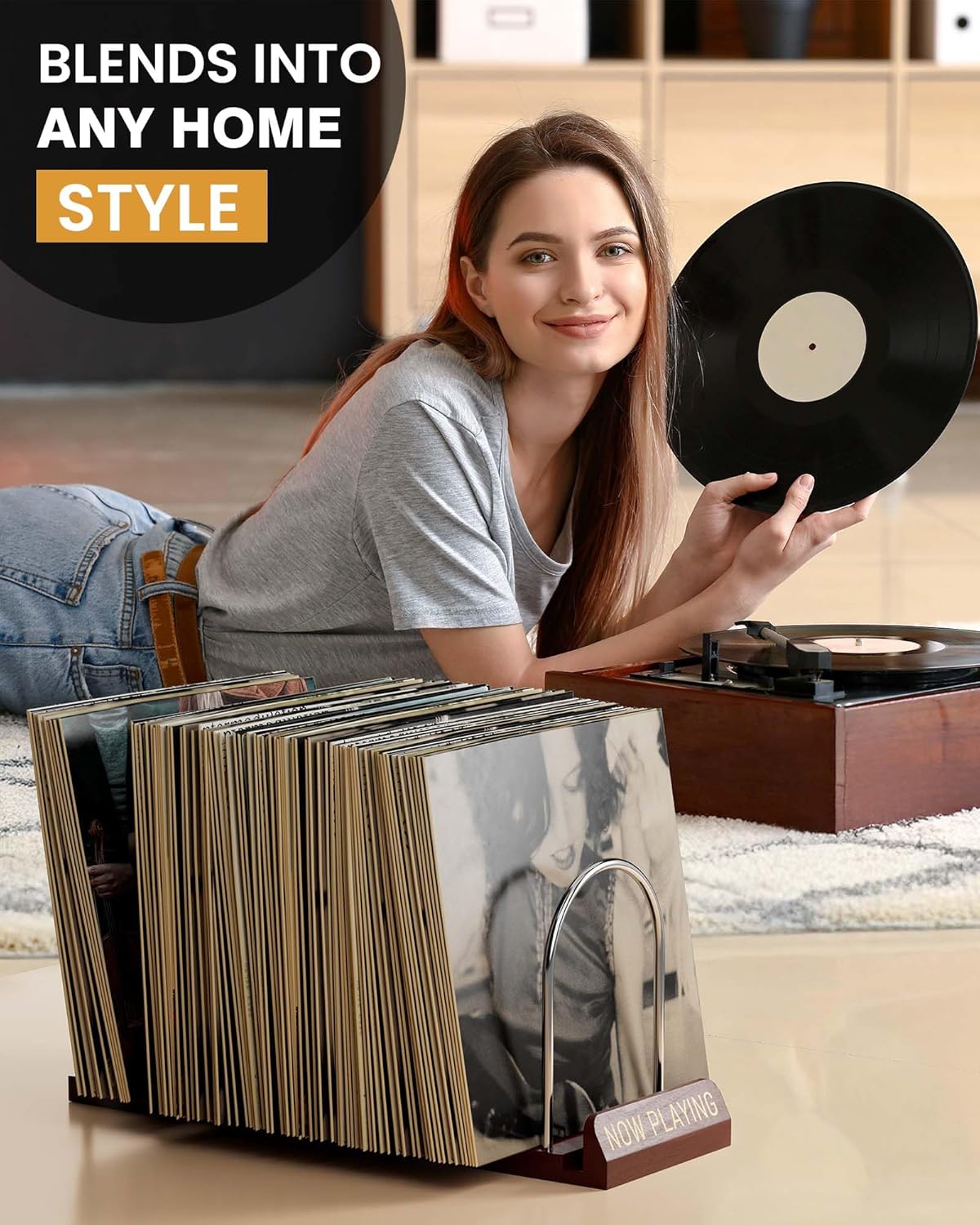 Thumbnail 6 de BS-VOG Schallplatten-Aufbewahrung: erweiterbarer LP-Ständer für 30–70 Platten mit „Now Playing“-Schild