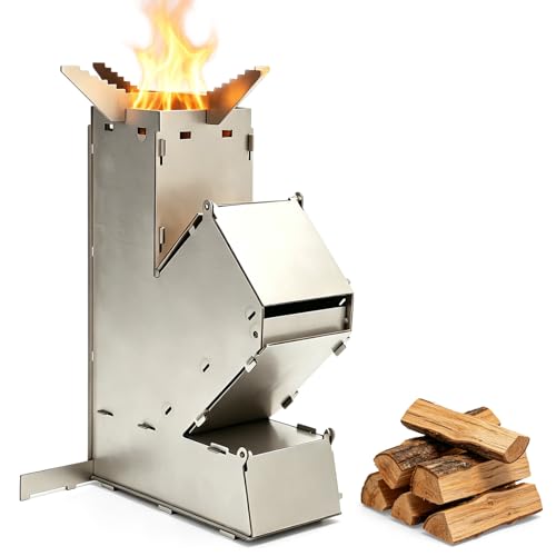 Detalle de Tomedny Camping-Raketenofen: Tragbarer Edelstahl-Holzofen mit abnehmbarem Grill und Lagertasche