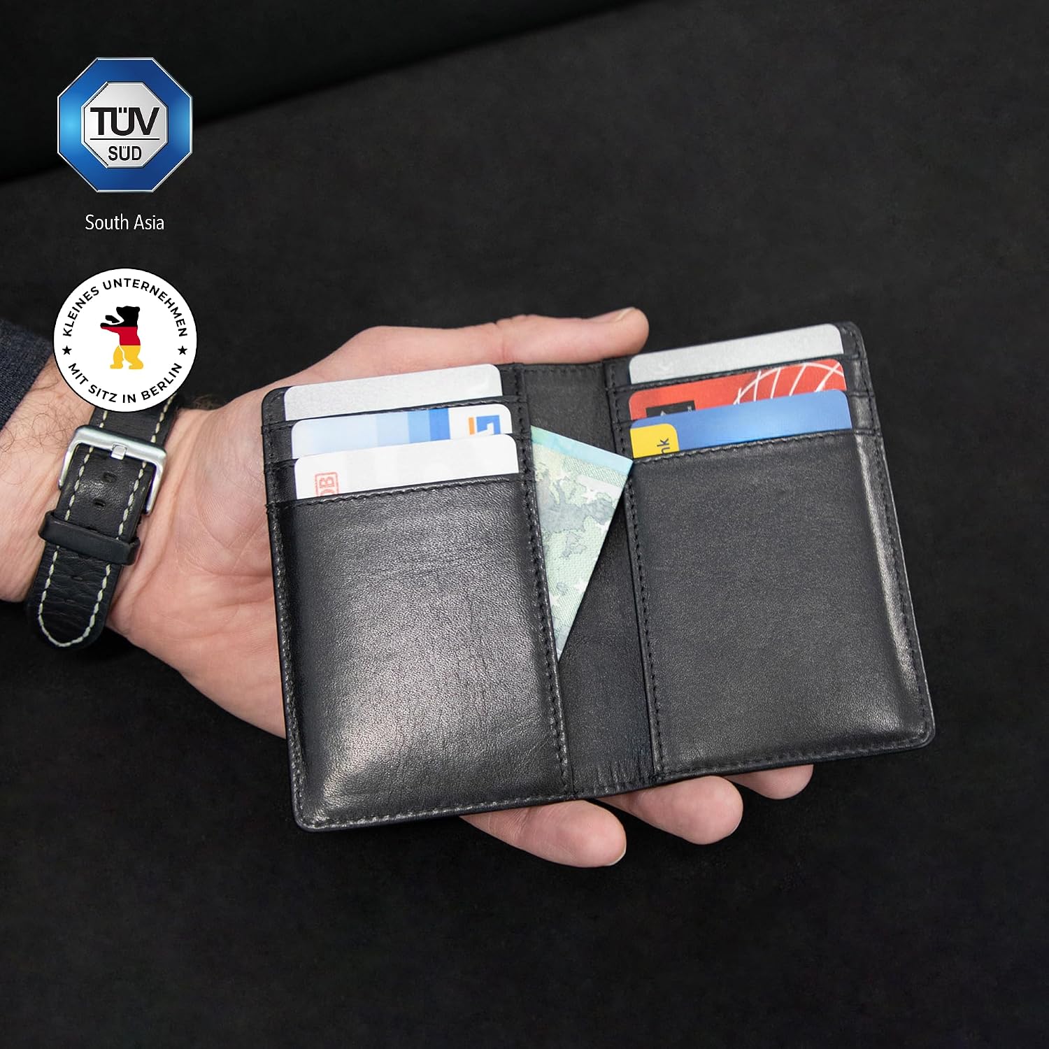 Detalle de Berliner Bags Vintage Porto Slim Kartenetui aus Saffiano Leder mit RFID-Schutz – Schwarz, mit Geschenkbox
