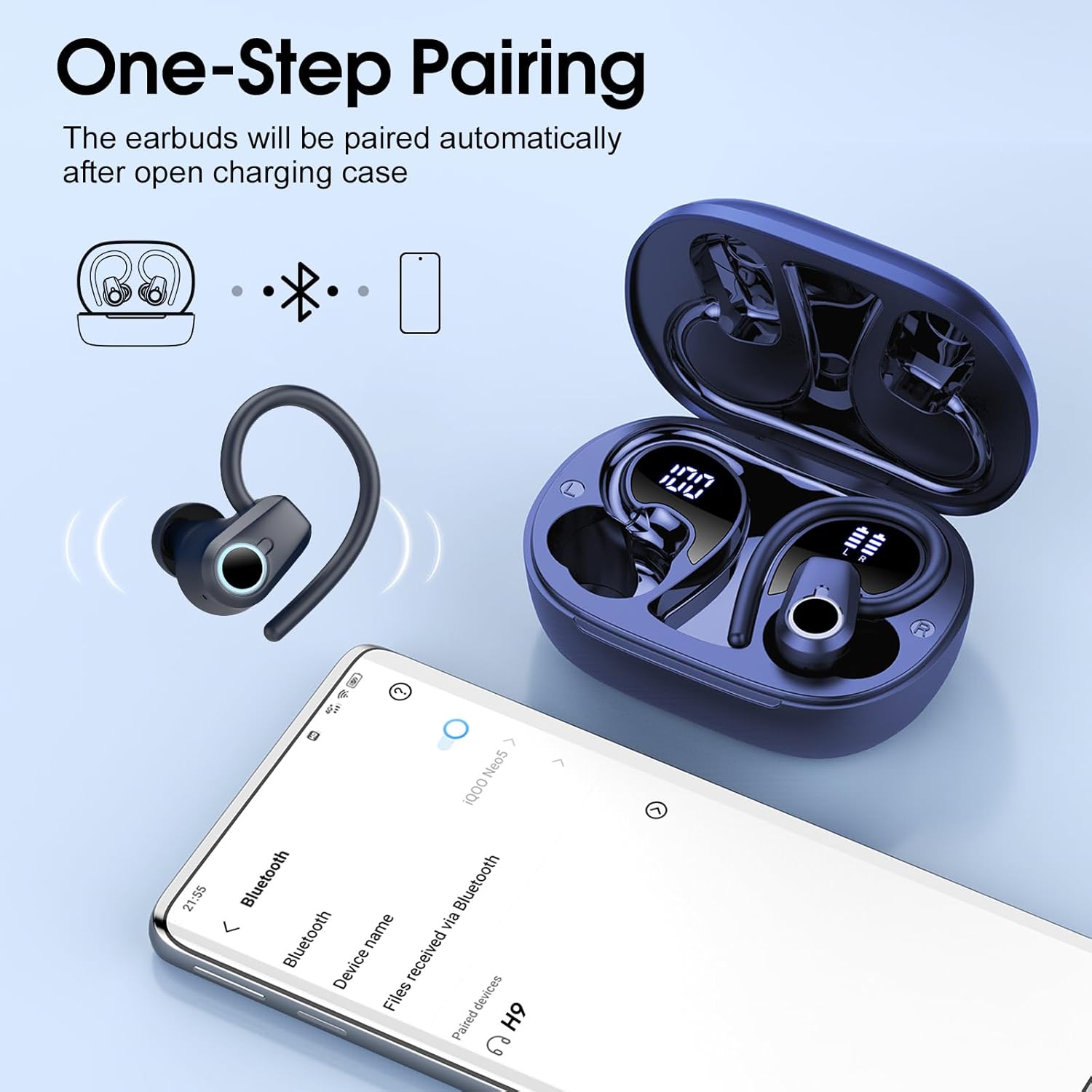 Detalle 2 de Bluetooth Kopfhörer Sport 2026 – Kabellose In-Ear mit IP7, 50 Std Spielzeit, Bluetooth 5.3, USB‑C, Blau