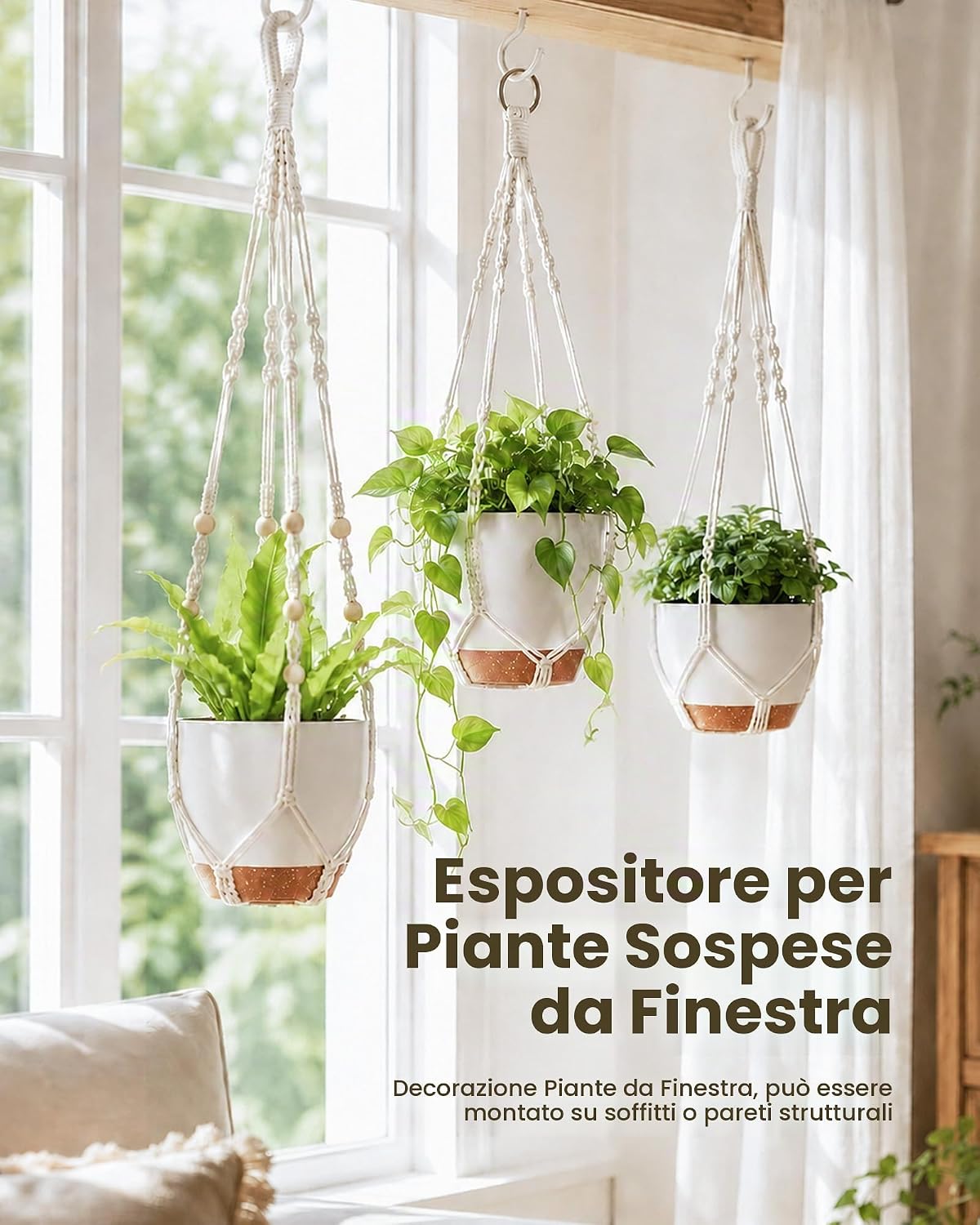 Thumbnail 5 de Bamworld Confezione da 3 vasi per piante da appendere in macramè – set autoirrigante per interni ed esterni