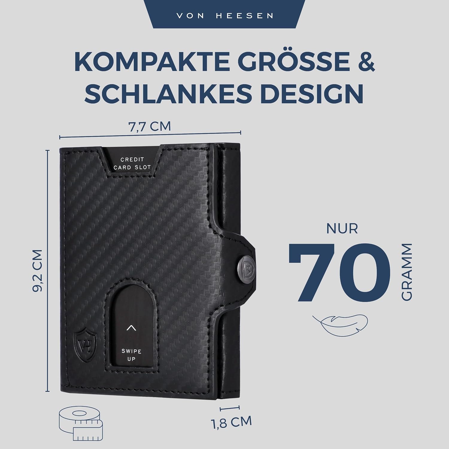 Detalle de VON HEESEN Slim Wallet mit RFID-Schutz – Kleine Geldbörse aus Echtleder, Carbon-Schwarz
