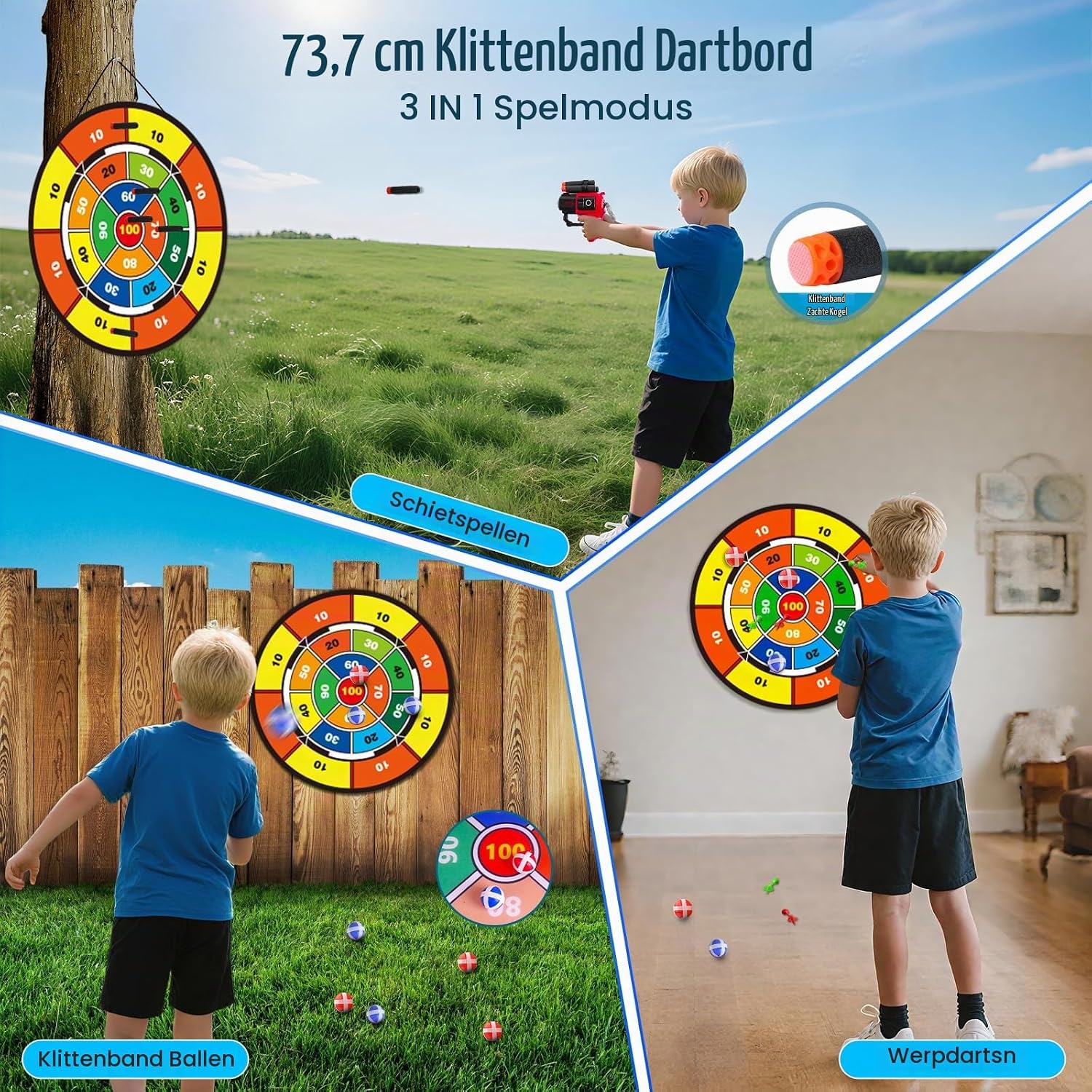 Detalle de VATOS 988-686B2 boogschietset met lichtbogen, haaiendoel en dartbord van 73 cm