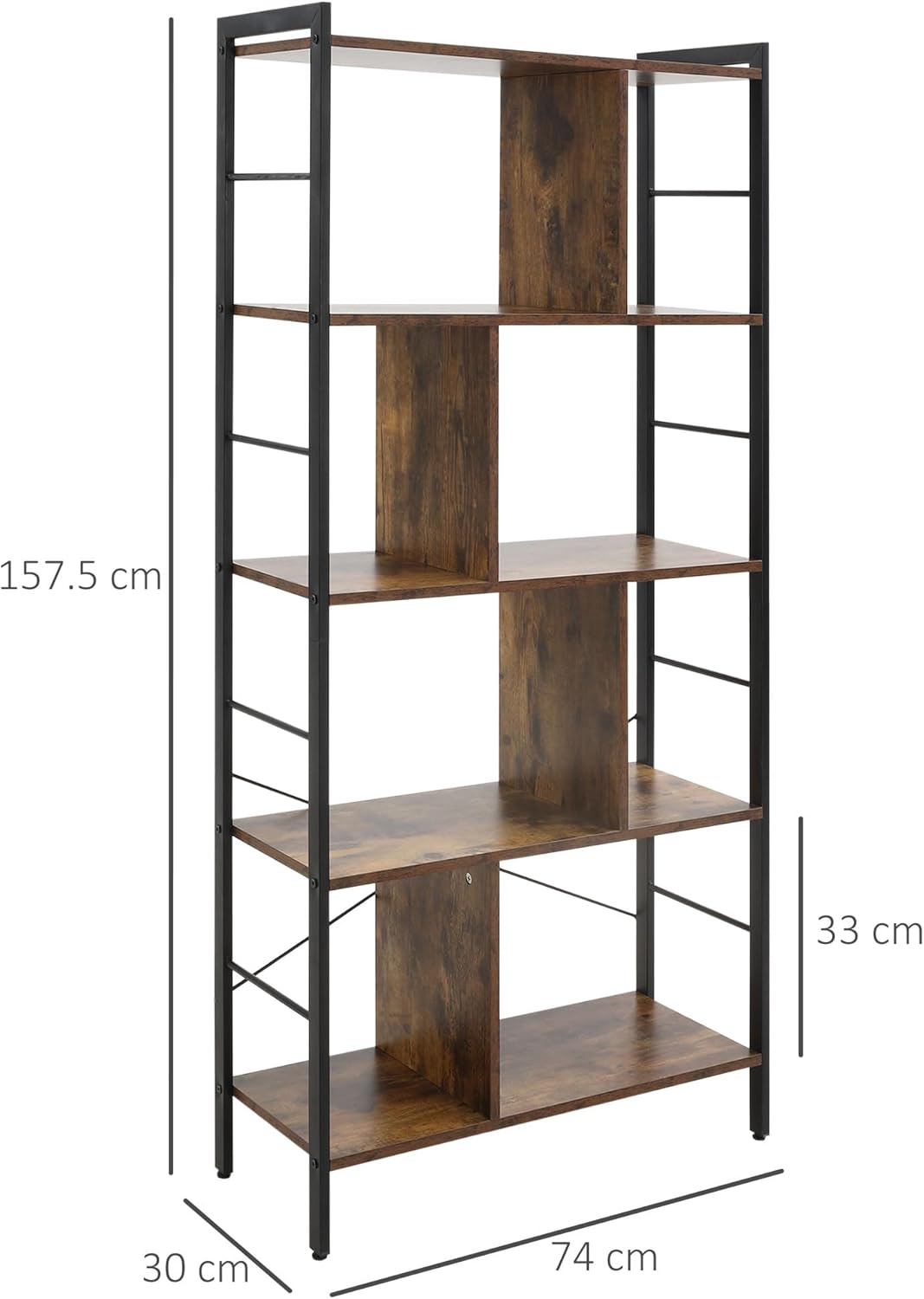 Thumbnail 2 de HOMCOM Bibliothèque étagère de rangement 5 niveaux à compartiments ouverts style industriel 74 x 30 x 157,5 cm