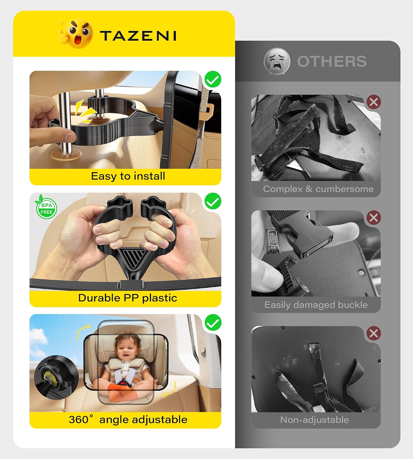 Thumbnail 1 de TAZENI BBJ-20 Baby Car Mirror for Rear-Facing Seats, 360° View, Hook Clip