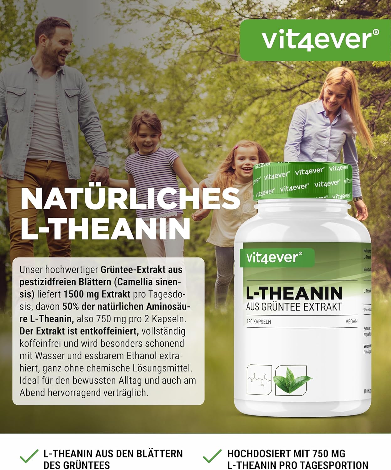 Detalle 2 de L-Theanin – 180 Kapseln mit 750 mg pro Tagesportion (2 Kapseln) aus Grüntee-Extrakt – vegan