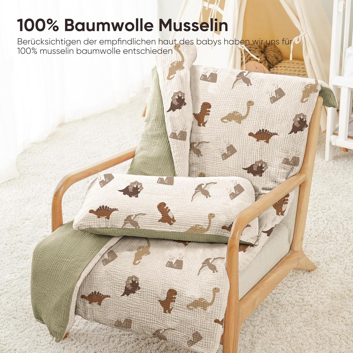 Thumbnail 4 de Susurration Bettwäsche-Set Olive: 2-teiliges Musselin-Babyset aus Baumwolle (100x135 + 40x60) – Unisex