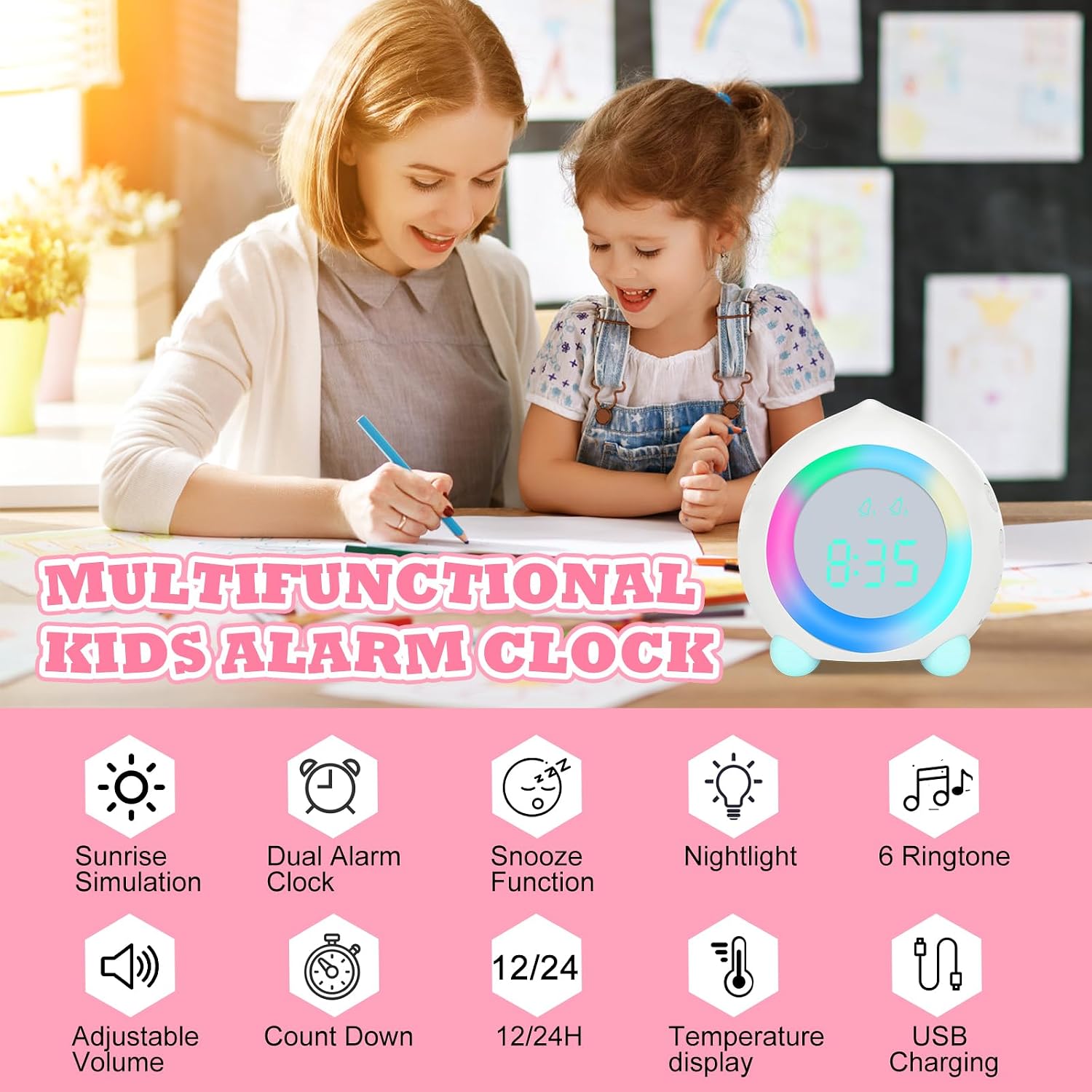 Thumbnail 1 de Ayybboo Reloj Infantil Despertador Digital 🌅 Luz Nocturna Blanco