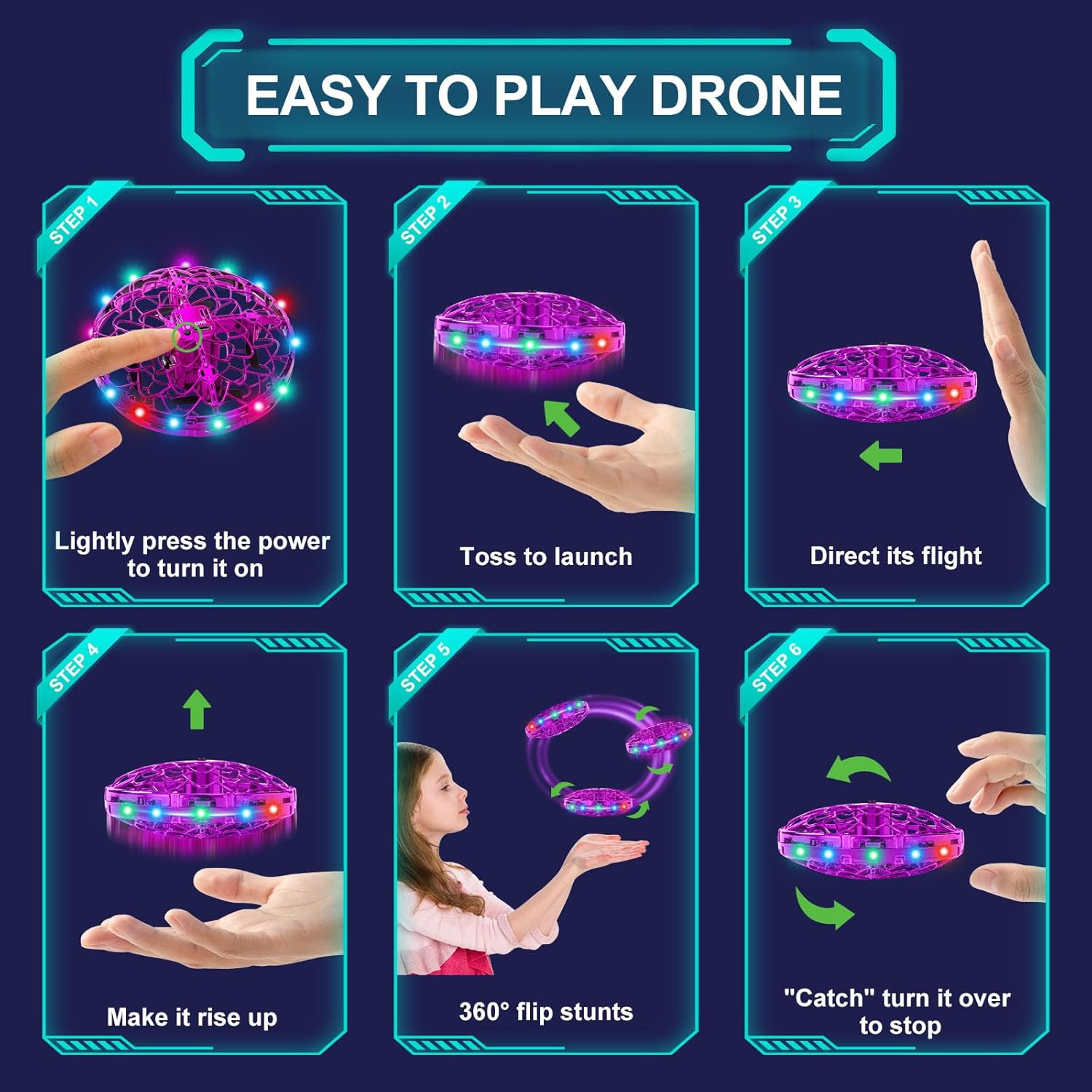 Detalle de ETPlanet Hand Operated Flying Toy Drone for Kids – 360° gesture control mini UFO with LED lights