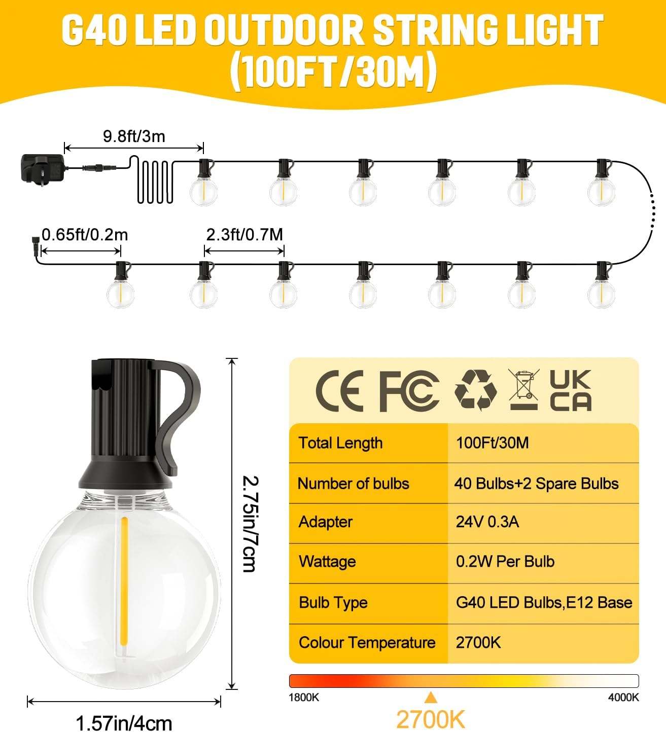 Thumbnail 5 de Festoon Light Outdoor Garden String Lights LED 100Ft G40 – 30m, 40 Bulbs, Remote, Dimmable, IP44