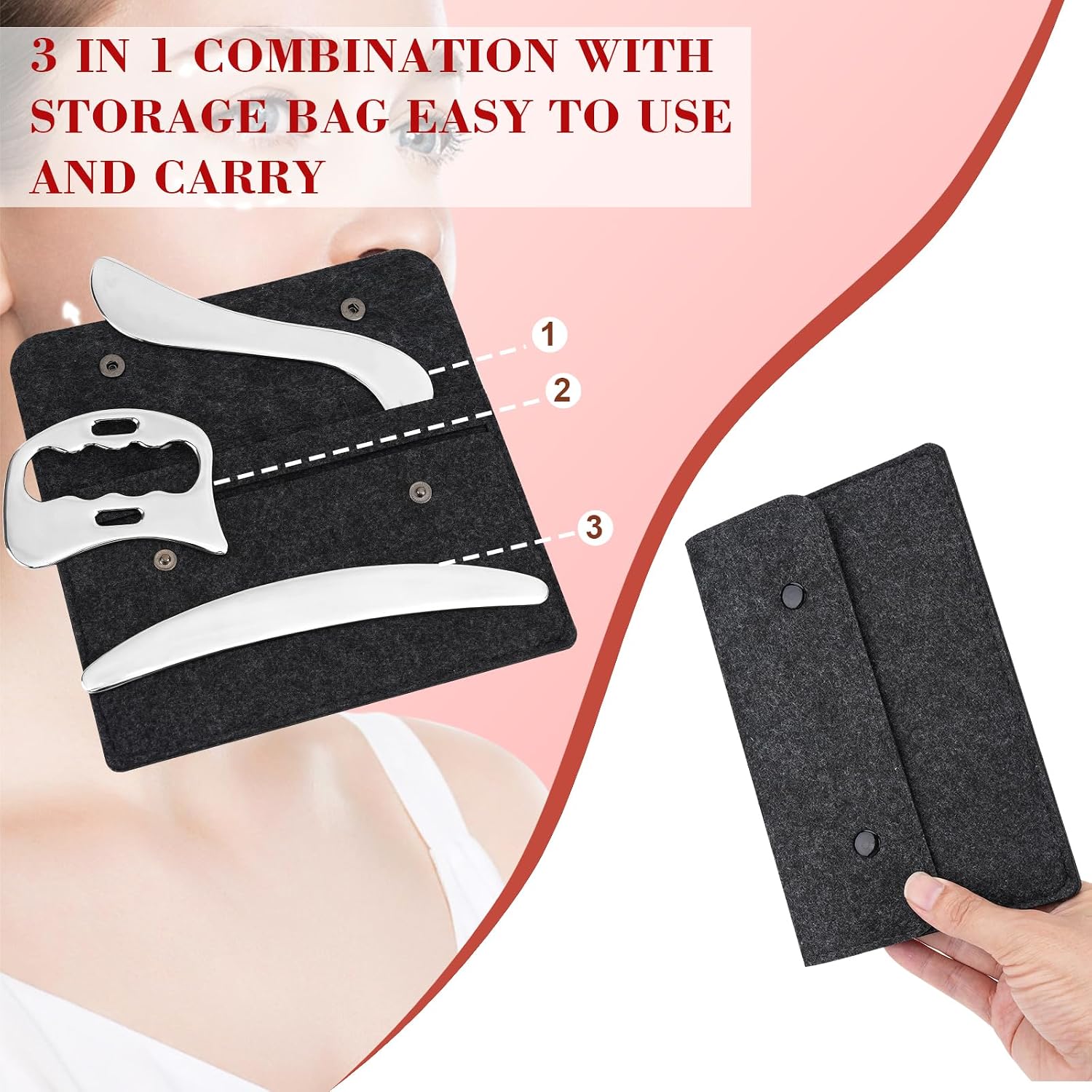Detalle 2 de 3pz Gua Sha Acciaio Inossidabile 3 pezzi