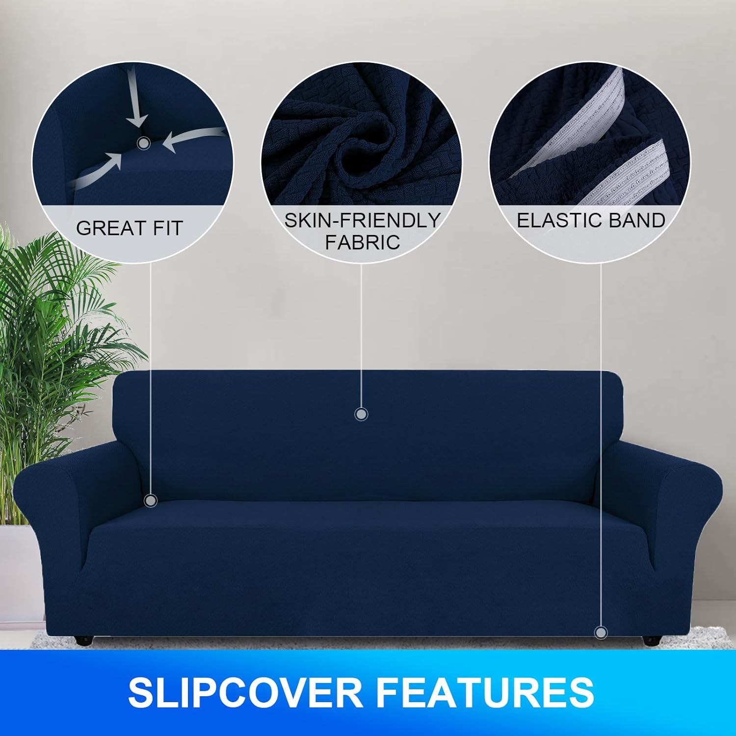 Thumbnail 4 de CYCMACO copridivano 4 posti con braccioli jacquard elasticizzato antiscivolo lavabile, blu scuro