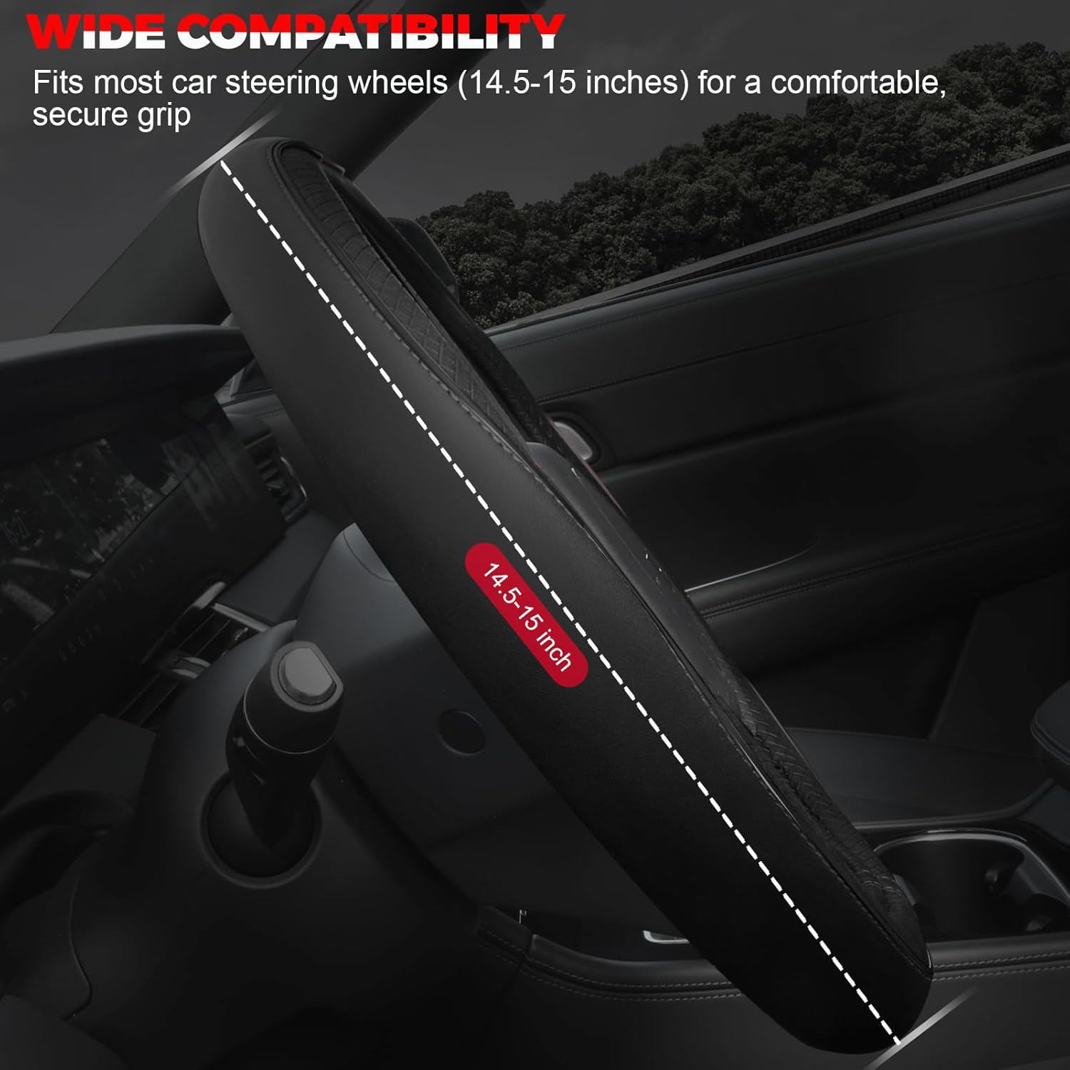 Detalle de Ouzorp Car Steering Wheel Cover (Universal 14.5–15 in) in Black Microfiber Leather
