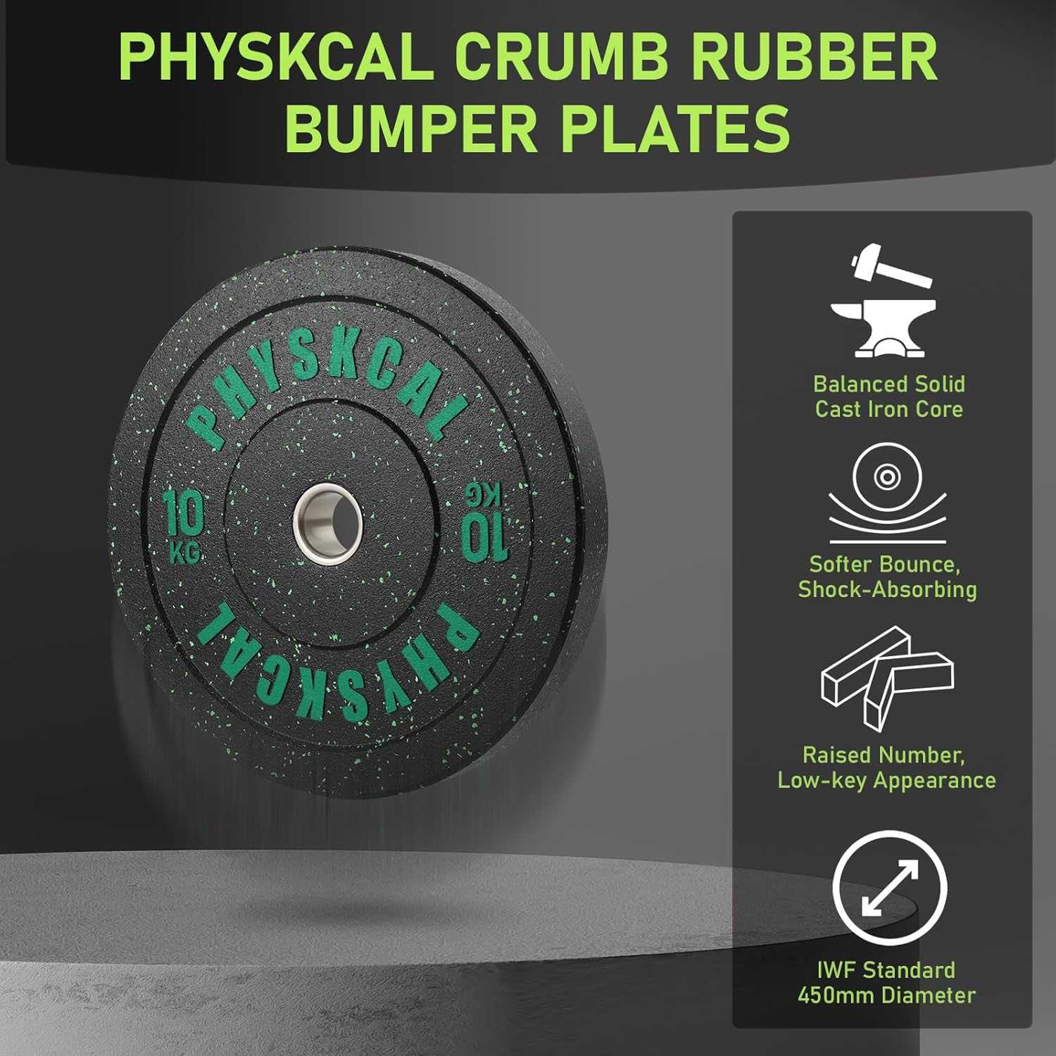Thumbnail 1 de PhysKcal Hi-Temp Crumb Rubber Olympic Bumper Plates with 2’’ Stainless Steel Insert (IWF coloured weight discs)