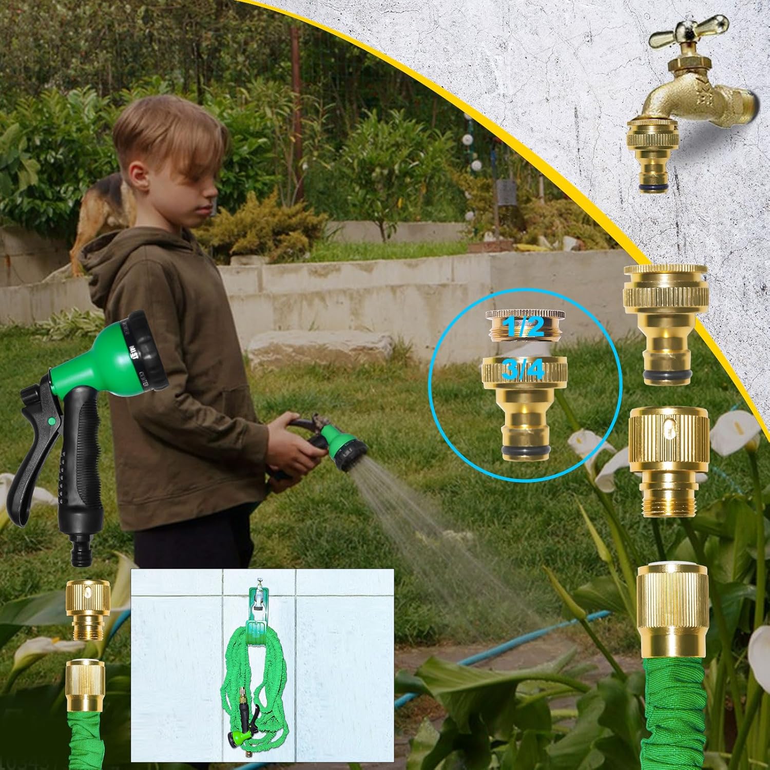 Thumbnail 1 de Expandable Garden Hose Pipe 100FT with 8-Pattern Spray Nozzle and 3/4"–1/2" Solid Brass Fittings (Green)