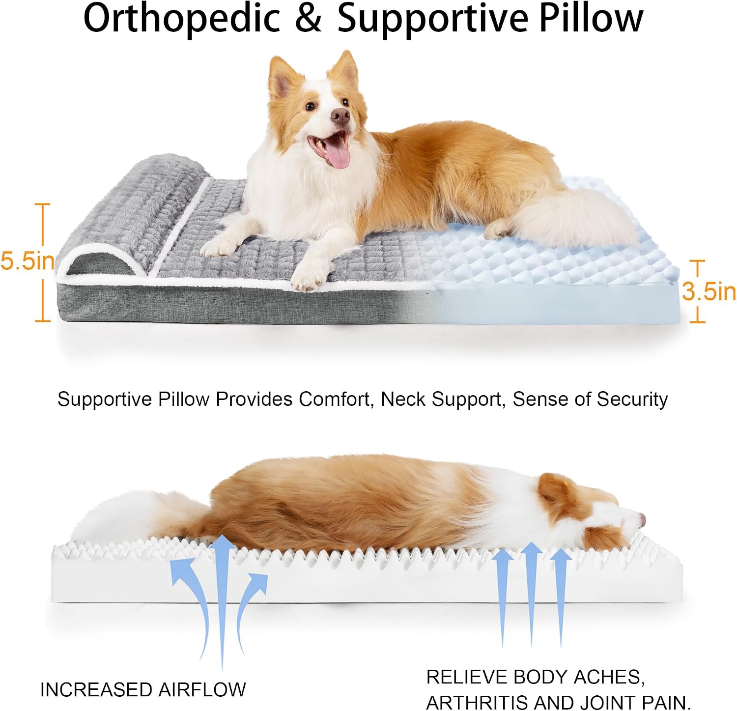 Detalle de Jolibean Orthopedic XL Dog Bed – 106x71cm with Pillow (Grey)