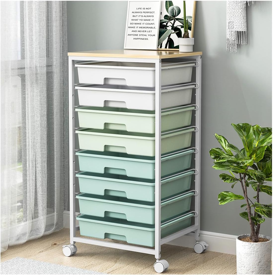 Detalle de SYKIARIOL 1250-4 Rolling Storage Cart, 8 Drawers, Green, Wooden Top
