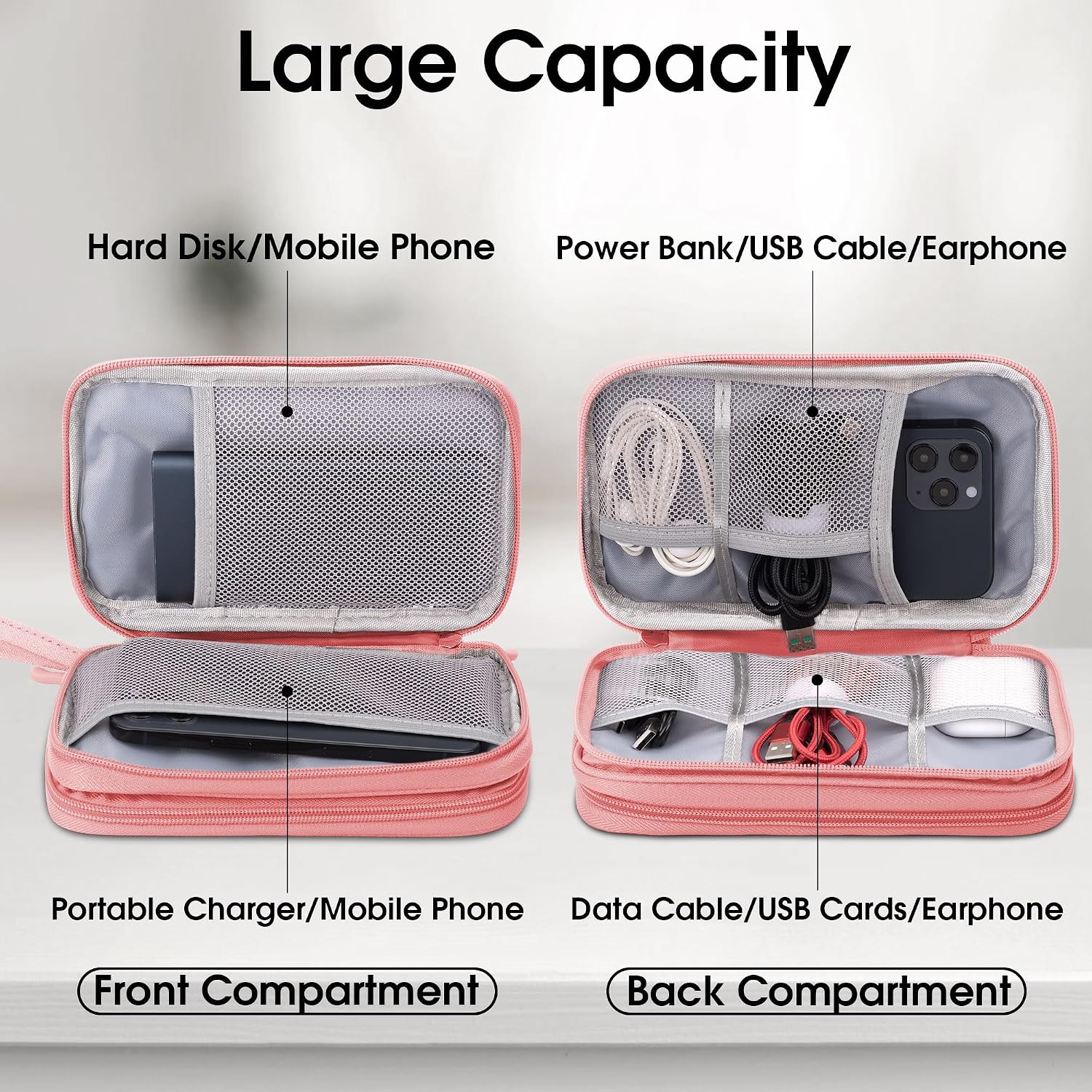 Thumbnail 2 de Arae Electronic Accessories Organizer Travel Essentials Cable Bag (Pink, M) with double-layer storage