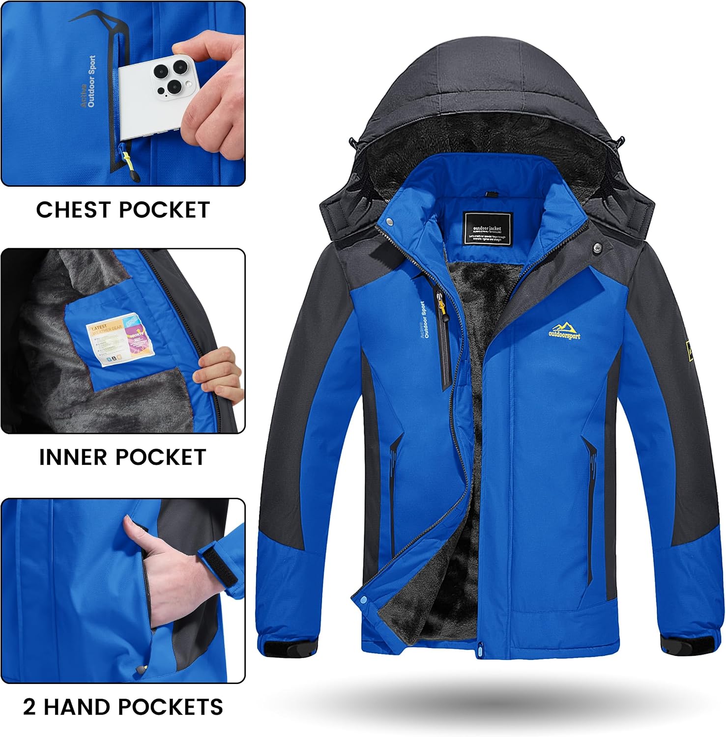 Detalle 2 de TACVASEN Men's Winter Ski Jacket, Waterproof Shell and Fleece Lining