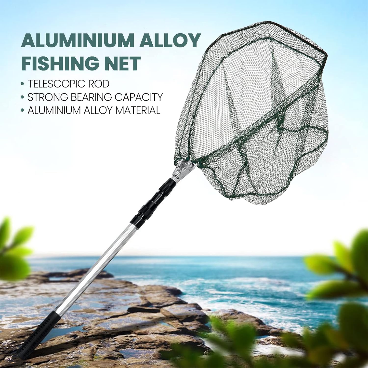 Detalle de KK'S GLAMS Telescope Fishing Landing Net (Foldable 1.5m Aluminium Pole, 43cm Net) — Silver & Green
