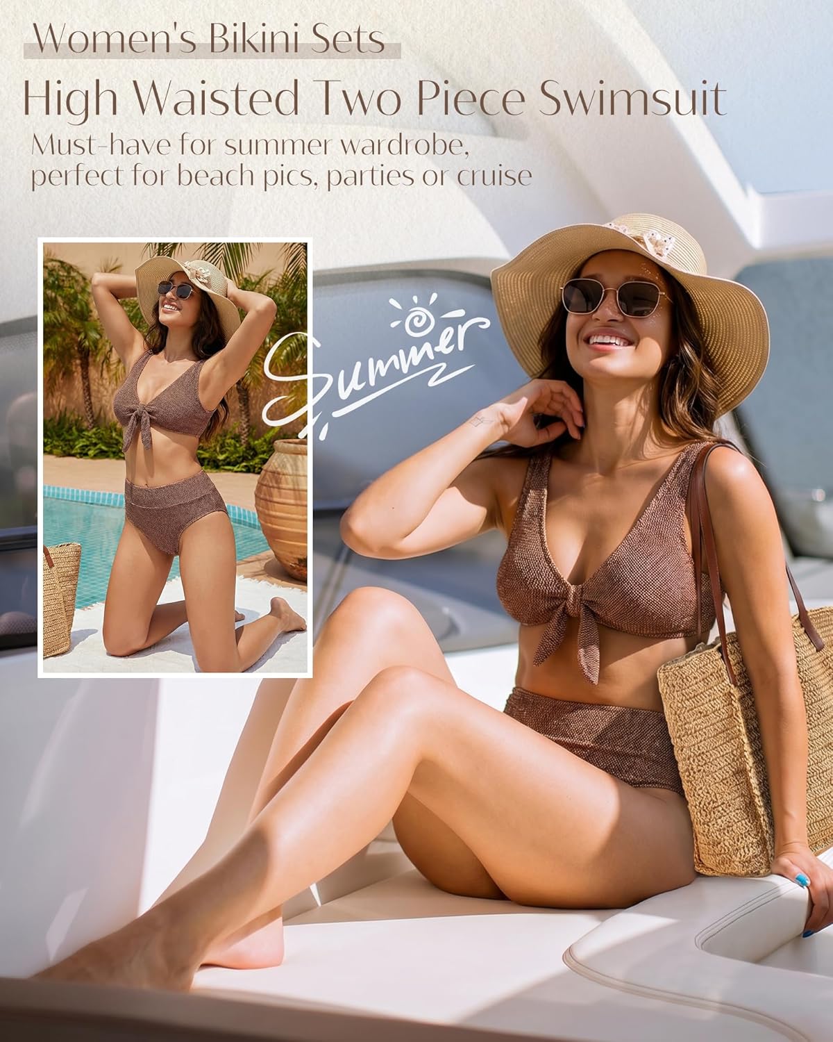 Thumbnail 6 de High Waisted Bikini Set for Women with Tummy Control – Textured Tie Knot Swimwear (L)