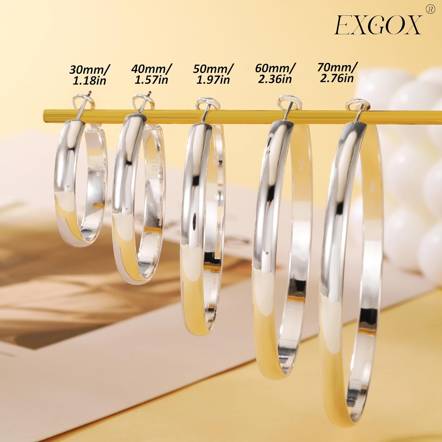 Thumbnail 3 de EXGOX Creolen Silber 925 Damen, 5 mm Breite, Groß 30–70 mm, Goldüberzogen
