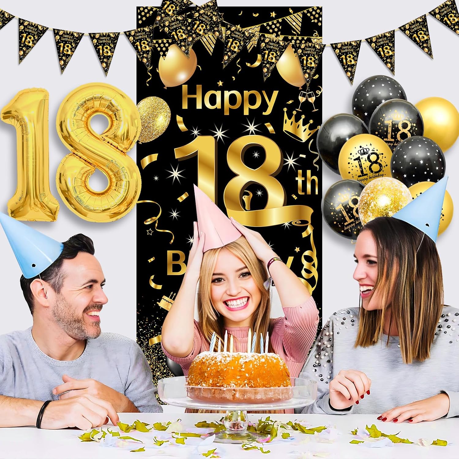 Thumbnail 3 de 18th Birthday Decorations for Boys & Girls – Black & Gold Balloons with 18 Banner, Garland, Confetti, and 18 Balloons