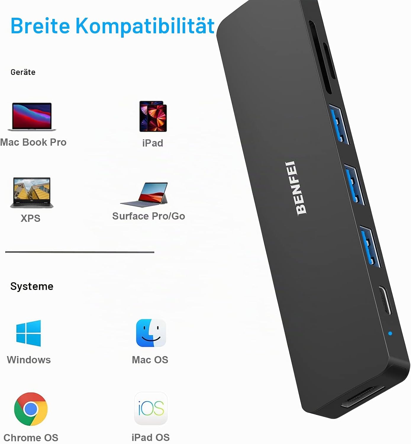 Detalle de BENFEI 7-in-1 USB-C Hub mit HDMI, 3× USB 3.0, SD/TF-Kartenleser und 60-W Power Delivery