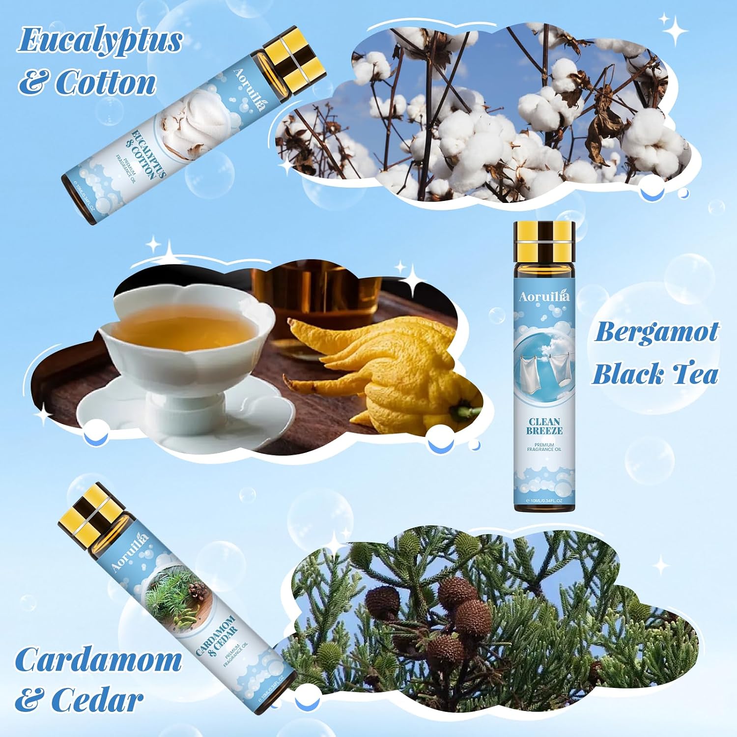 Thumbnail 2 de Aoruilia Clean Essential Oils Set 6 x 10ml — Eucalyptus & Cotton, Bergamot Black Tea, Cardamom & Cedar, Baby Powder, Clean Breeze, Fresh Linen